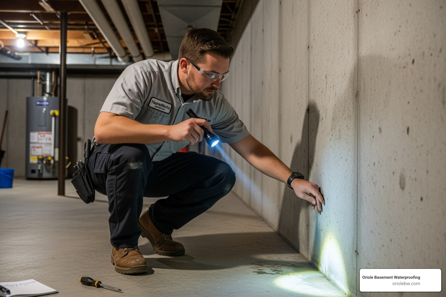 clean professional technician inspecting basement wall - basement wall leak fix clean professional technician inspecting basement wall - basement wall leak fix