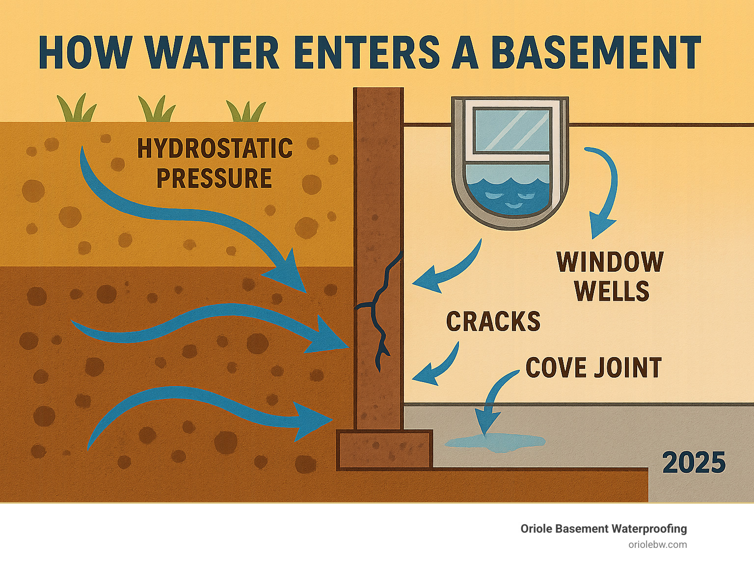 Infographic showing how water travels through soil, creates hydrostatic pressure against basement walls, and enters through cracks, cove joints, and window wells, with arrows indicating water movement from exterior soil through foundation into basement interior - basement wall leak fix infographic Infographic showing how water travels through soil, creates hydrostatic pressure against basement walls, and enters through cracks, cove joints, and window wells, with arrows indicating water movement from exterior soil through foundation into basement interior - basement wall leak fix infographic