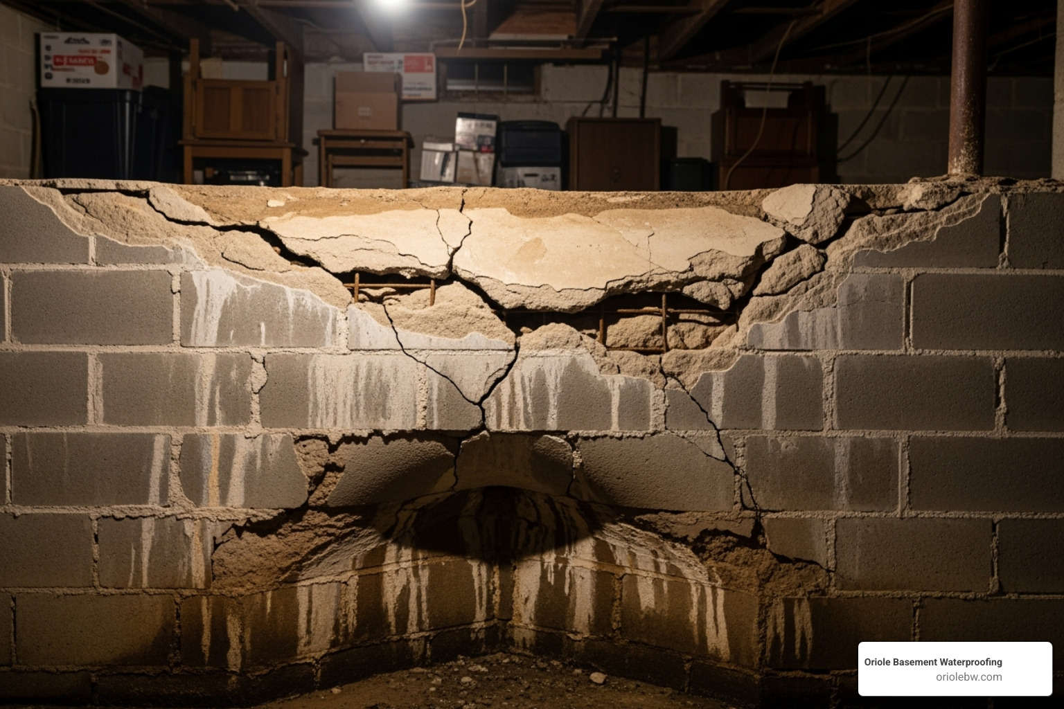 bowing basement wall next to a horizontal crack, indicating a serious issue - fix basement crack