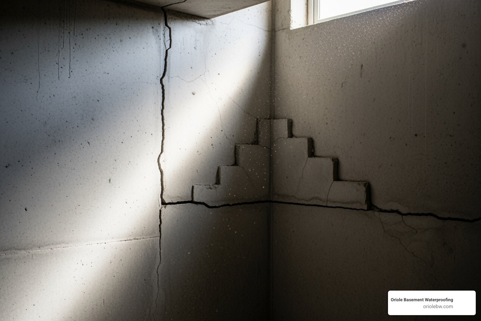 Different crack types (vertical, horizontal, stair-step) labeled for clarity - fix basement crack