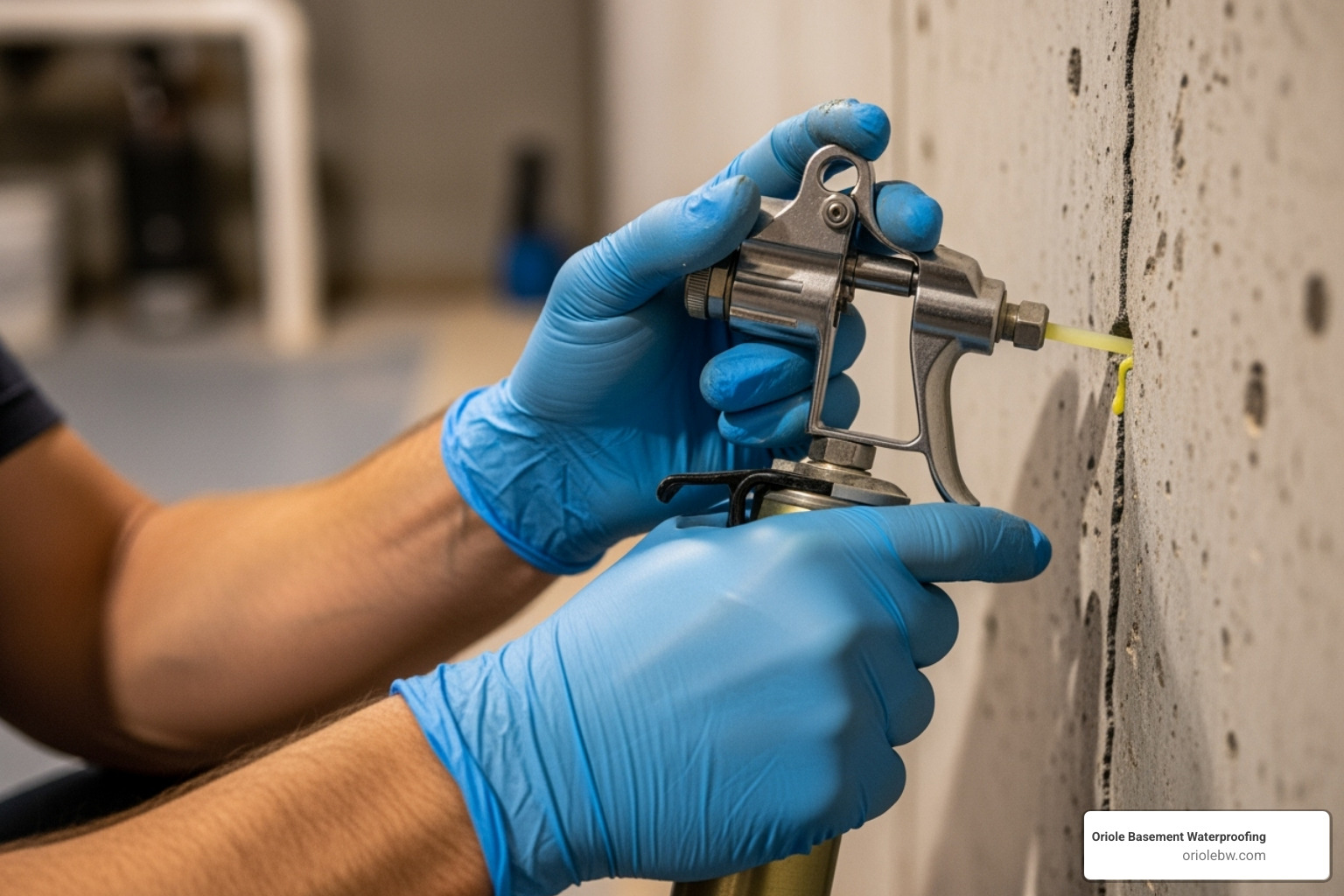 technician professionally injecting a crack in a basement - fix basement crack