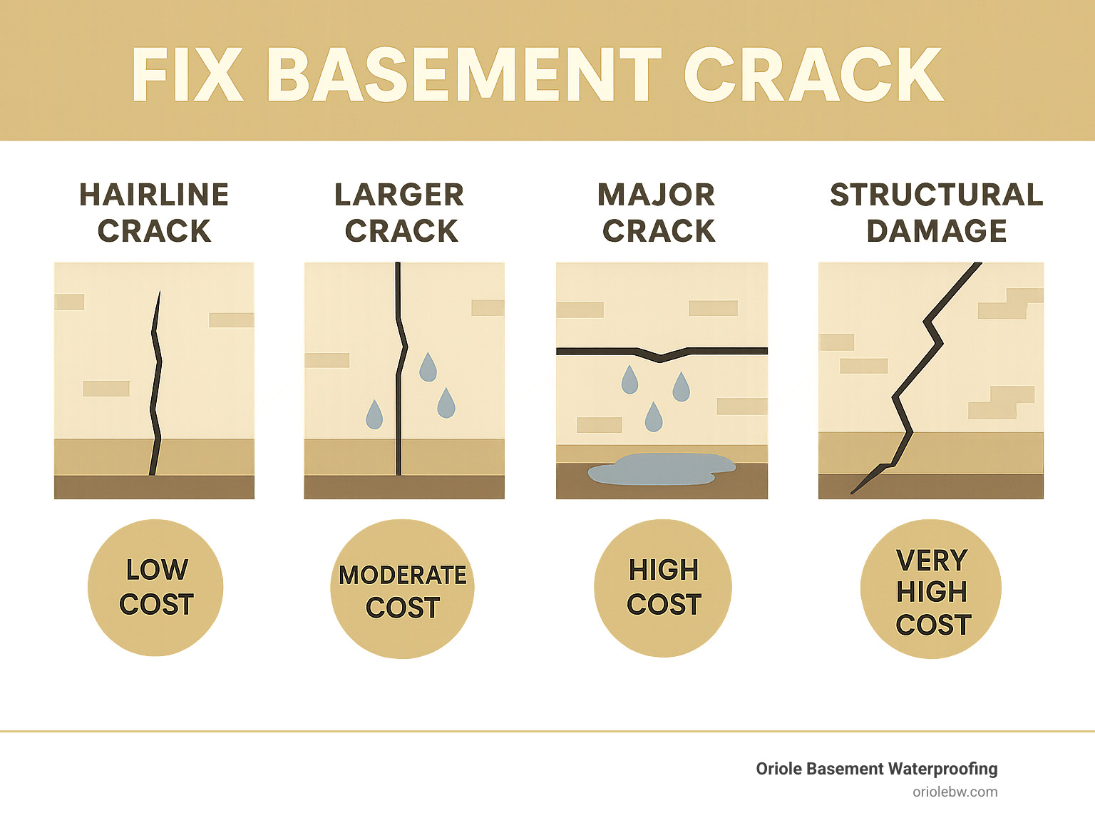 Infographic showing the progression from minor hairline crack to major structural damage, with cost implications and water damage risks at each stage - fix basement crack infographic 