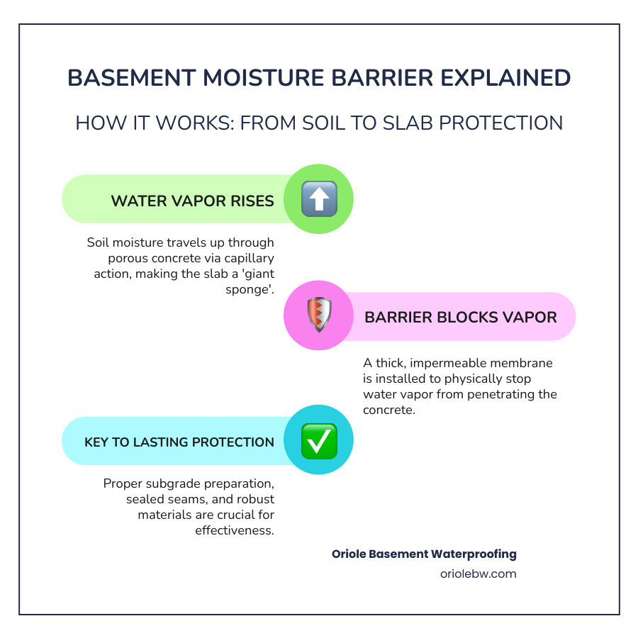 Detailed infographic showing cross-section of basement concrete slab with moisture barrier installation, illustrating how water vapor travels up from soil through porous concrete via capillary action, and how a vapor barrier blocks this moisture transmission, including labels for subgrade preparation, barrier placement, seam sealing, and concrete pour - basement concrete slab moisture barrier infographic infographic-line-3-steps-colors