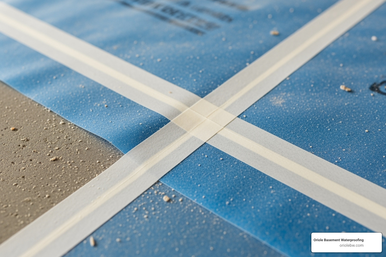 A skilled technician carefully taping the seams of a thick, blue vapor barrier with specialized, high-adhesion tape, ensuring a continuous and waterproof seal - basement concrete slab moisture barrier