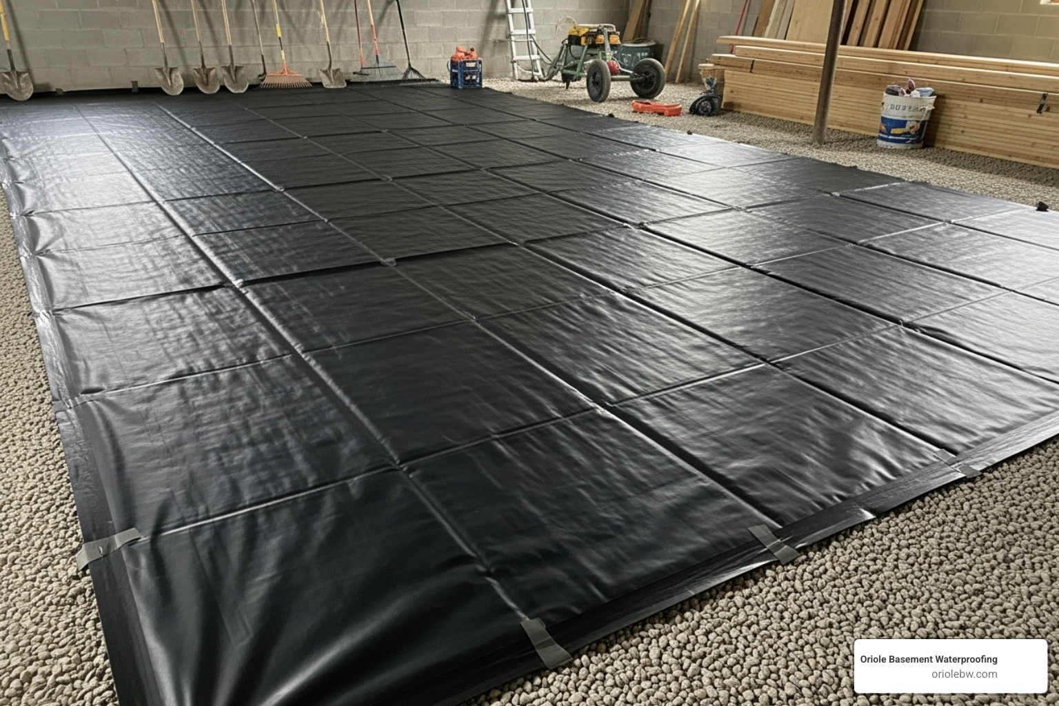 A professional installing a thick vapor barrier sheet over a prepared subgrade before a concrete pour, ensuring full coverage and proper alignment - basement concrete slab moisture barrier