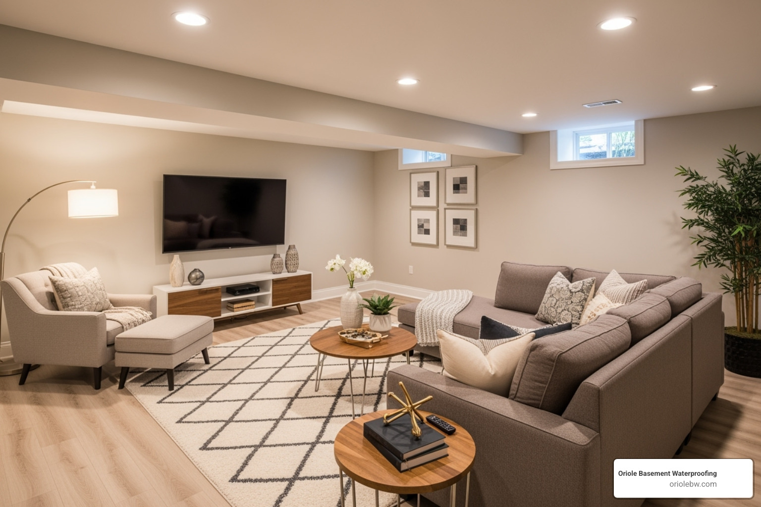 A clean, dry, and finished basement space with comfortable furniture, indicating successful moisture control and a transformed living area - basement concrete slab moisture barrier