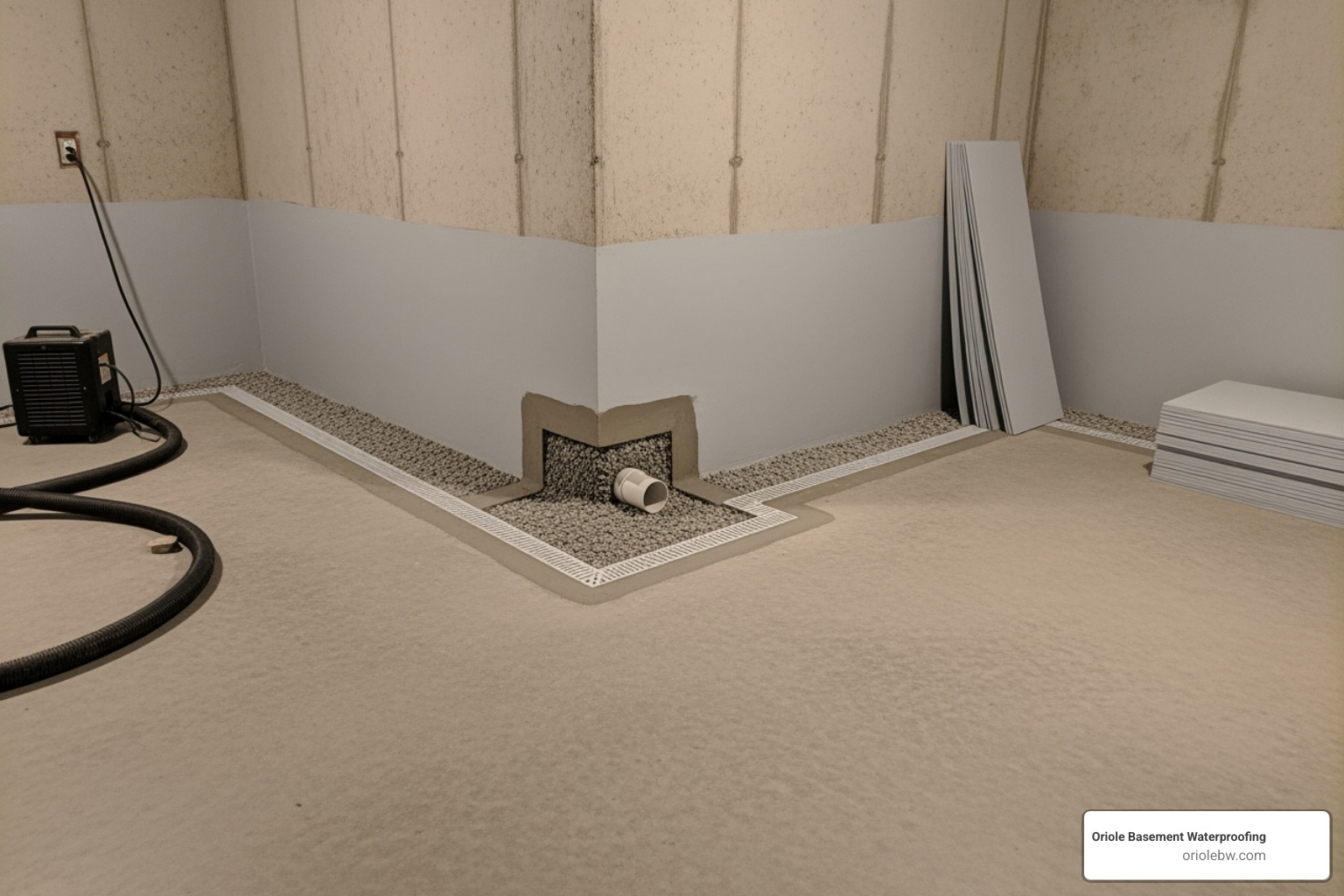 The Oriole Basement Waterproofing team, standing proudly in front of a recently completed basement waterproofing project in a Baltimore home, showcasing their expertise and commitment to quality - basement concrete slab moisture barrier