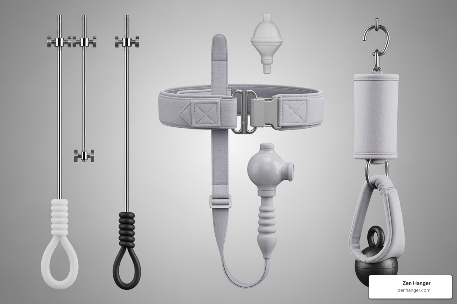 Various Zen Hanger penis stretching devices side-by-side - penis stretching device