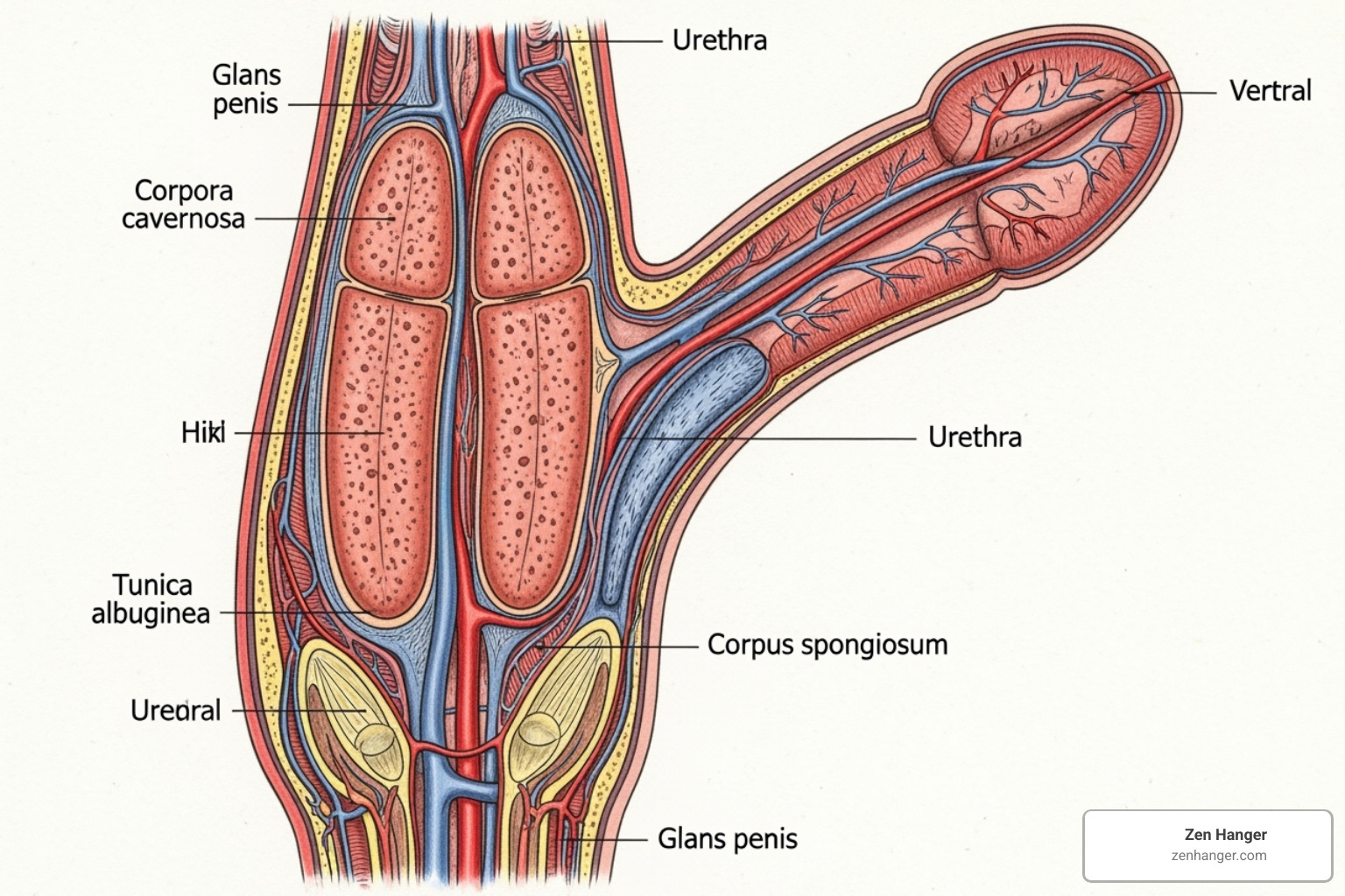 Anatomical diagram of the penis showing the corpora cavernosa - penis stretching device