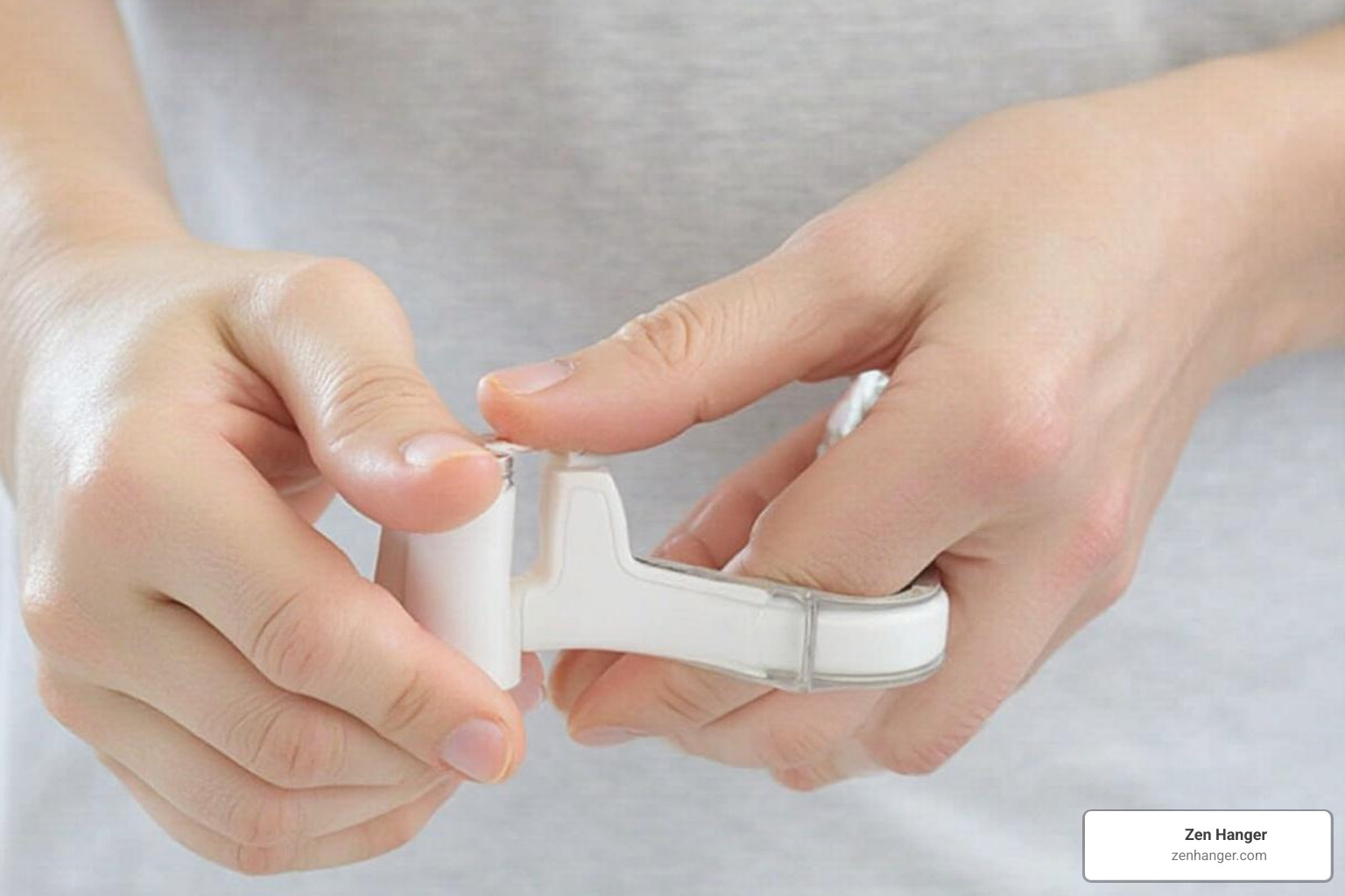 Person correctly fitting a Zen Hanger penis stretching device - penis stretching device