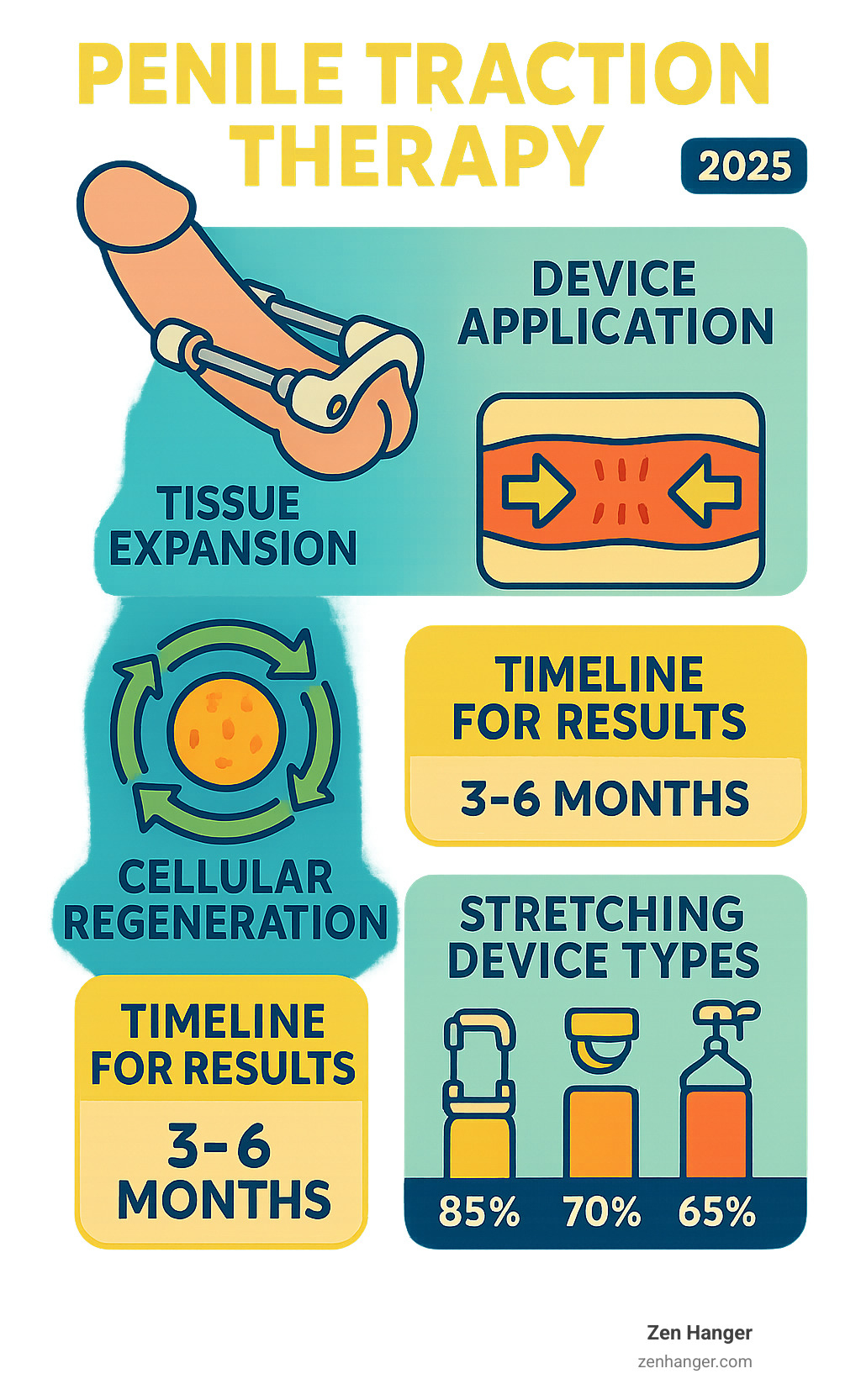 Infographic showing the complete process of penile traction therapy, including device application, tissue expansion mechanism, cellular regeneration cycle, timeline for results, and comparison of different stretching device types with their effectiveness rates - penis stretching device infographic 