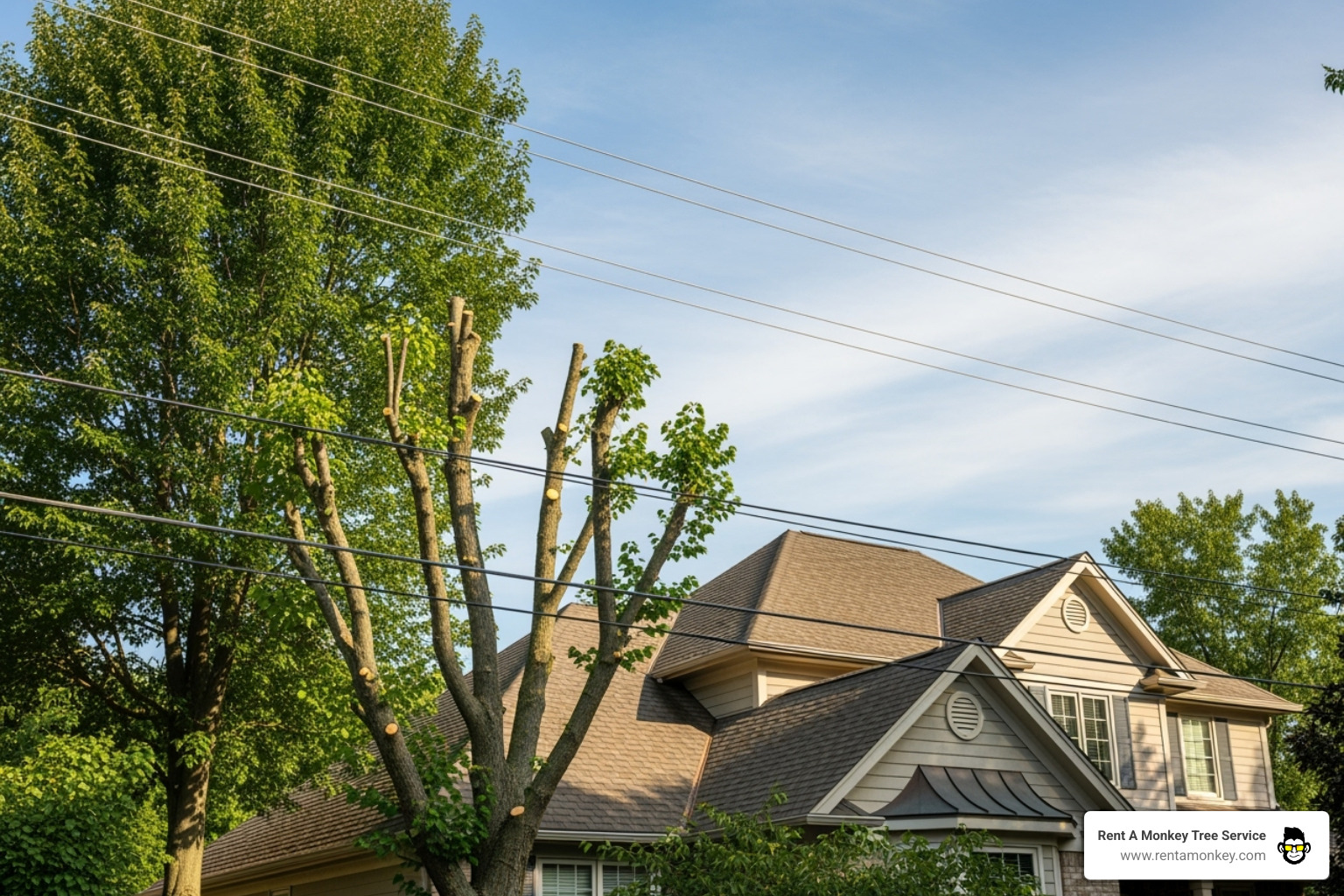 Tree branches safely trimmed away from a roof and power lines - tree trimming murray ut