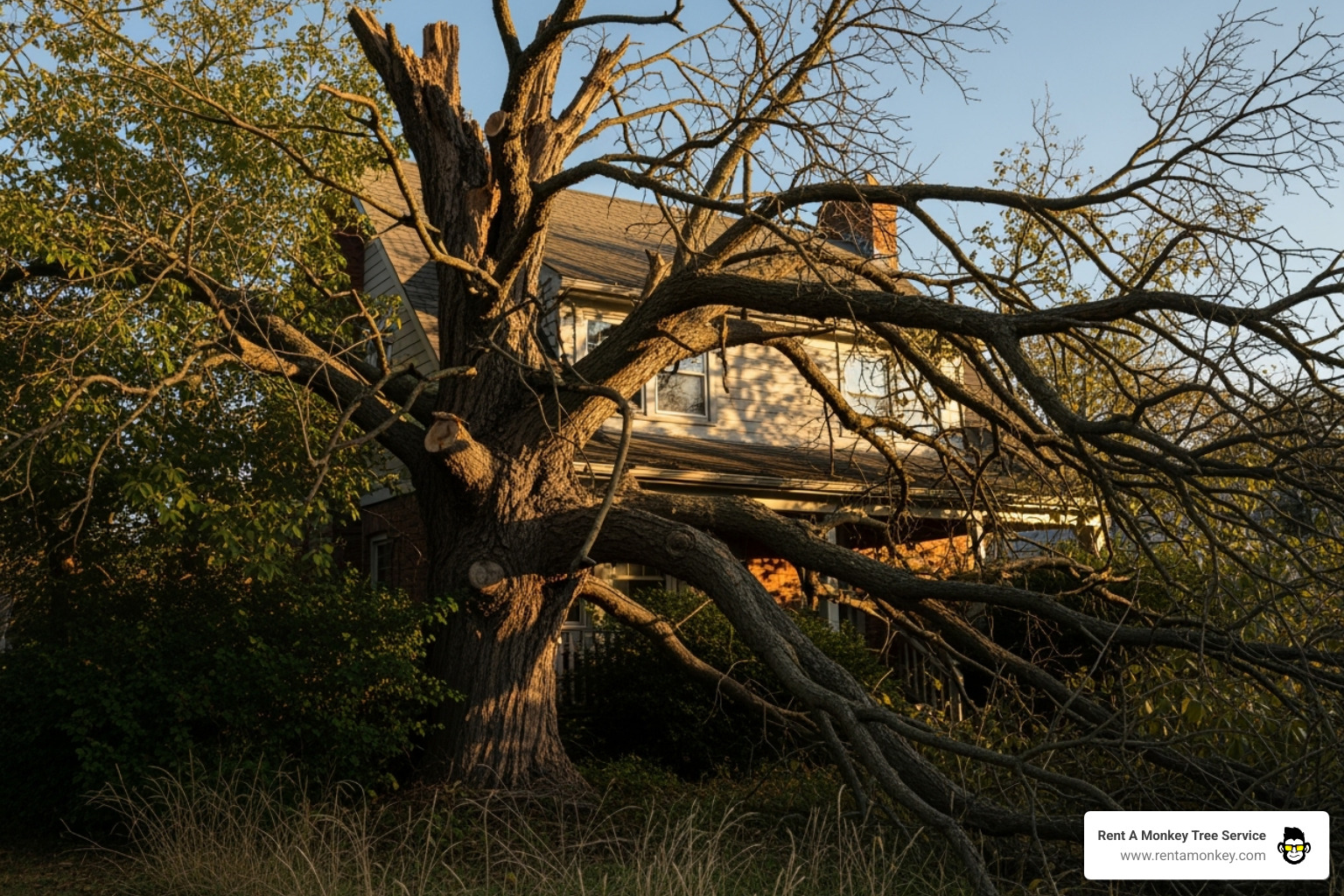 Overgrown tree with dead branches and limbs touching a house - tree trimming murray ut