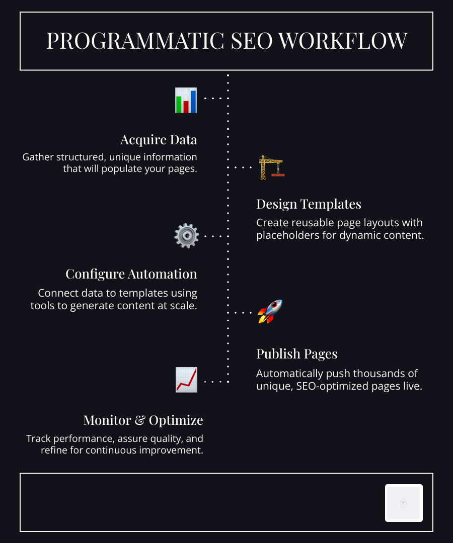 infographic explaining the programmatic SEO workflow from data to published pages - how to do programmatic seo infographic infographic-line-5-steps-dark