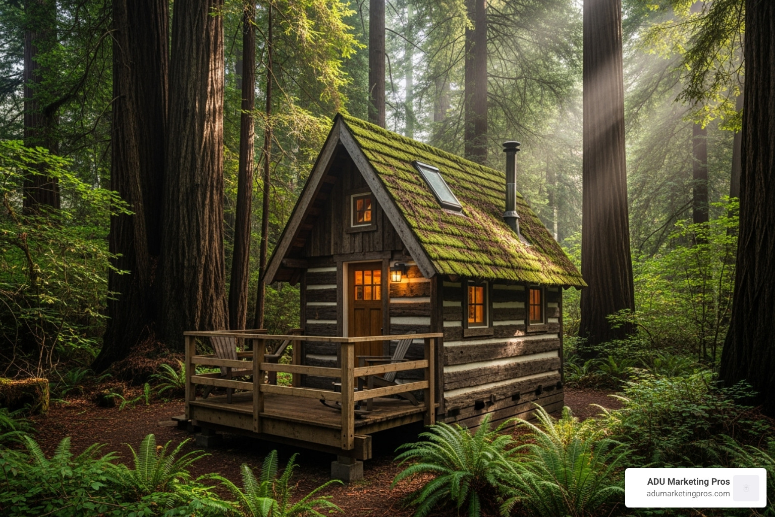 a rustic tiny cabin with a wooden deck surrounded by tall redwood trees in Marin County. - tiny homes for rent bay area