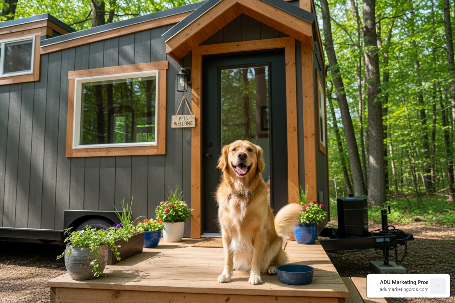 a happy dog sitting on the small porch of a pet-friendly tiny home rental. - tiny homes for rent bay area