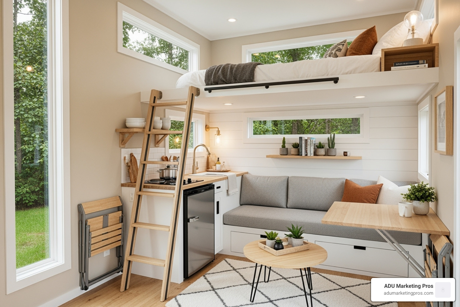 a stylish tiny home interior, showcasing clever space-saving furniture and a cozy sleeping loft. - tiny homes for rent bay area