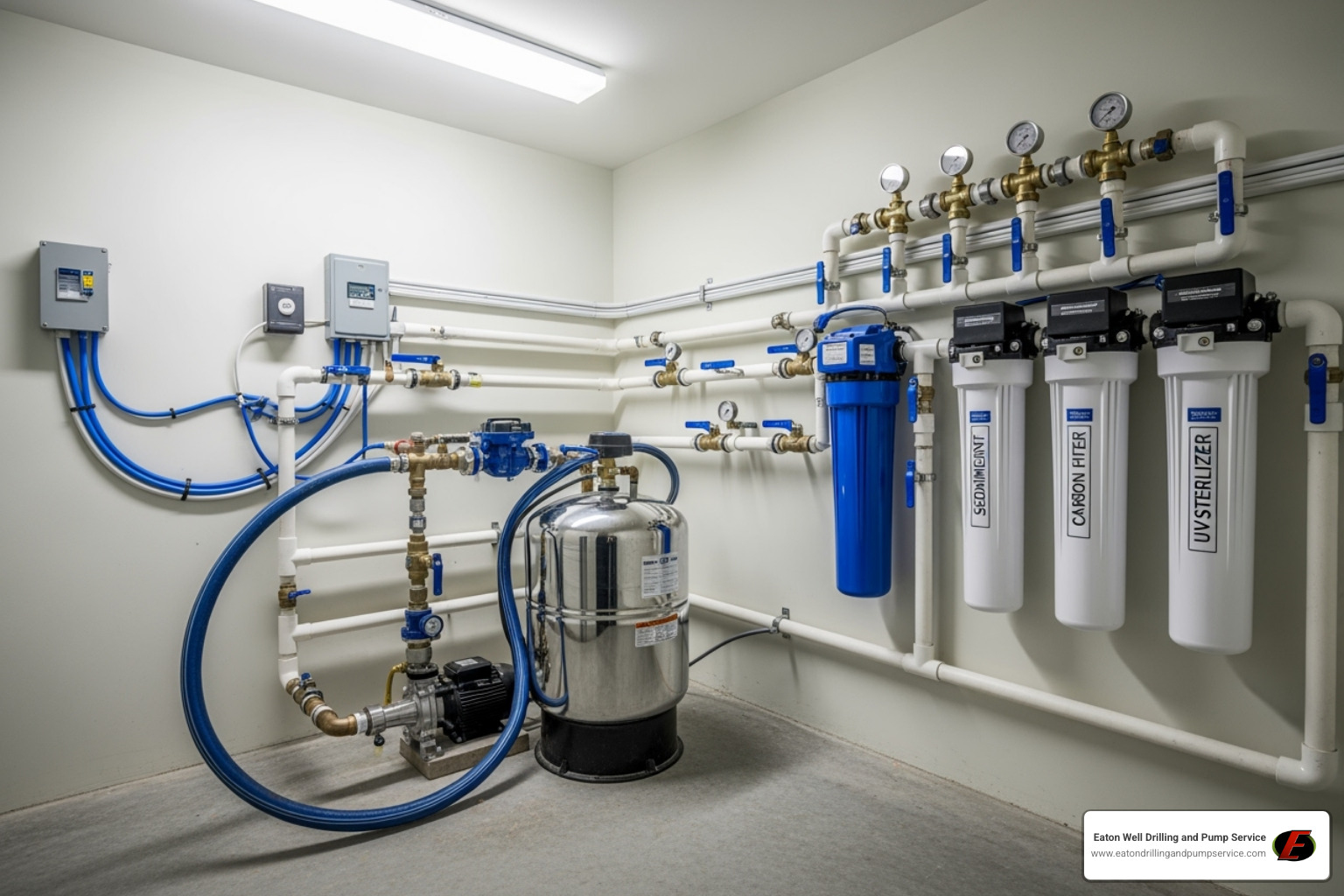 modern clean well pump and filtration system installation - cloudy well water
