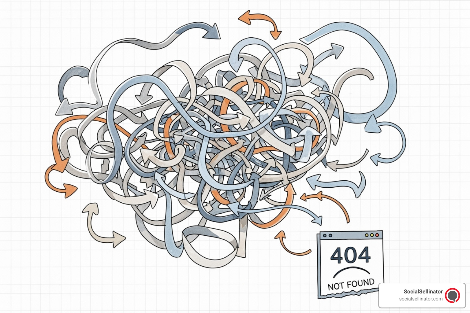 Illustration of a complex redirect chain leading to a 404 error page, symbolizing common technical SEO problems