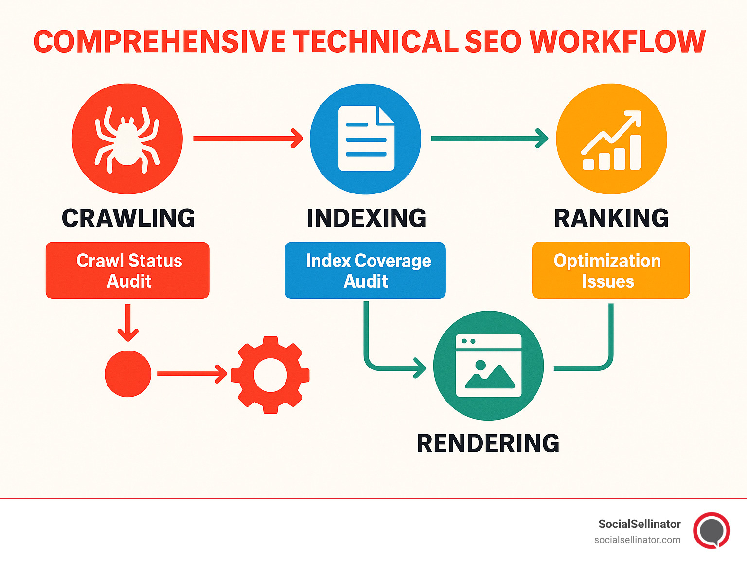 Comprehensive technical SEO workflow showing crawling, indexing, rendering, and ranking optimization processes with performance metrics and audit checkpoints