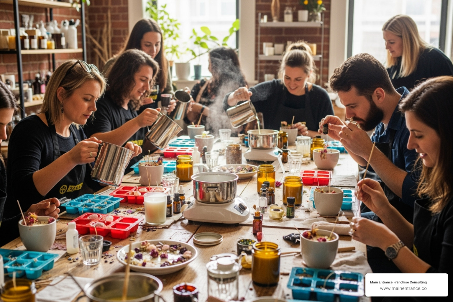 Customers enjoying a hands-on workshop like candle making - emerging franchise opportunities