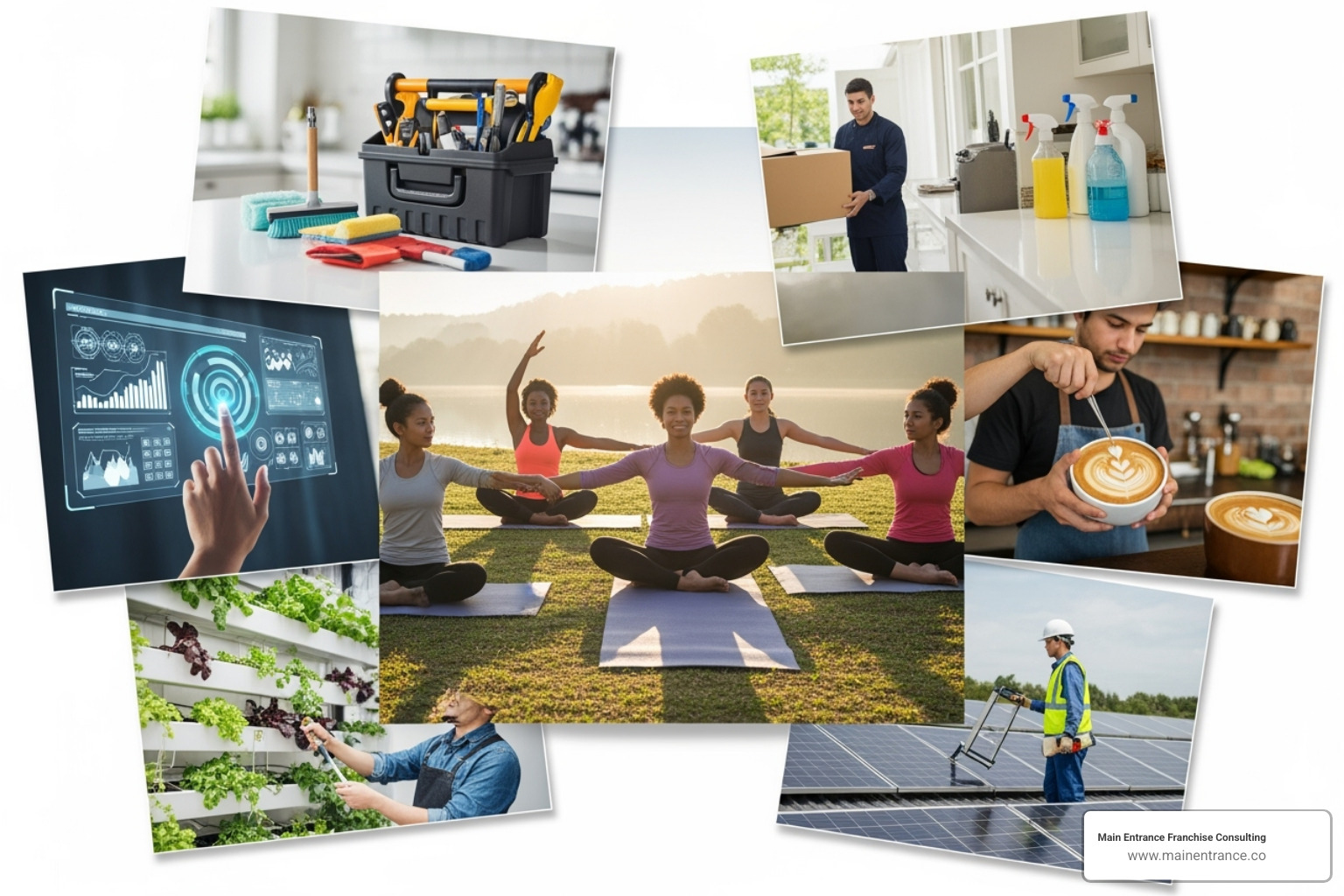 A collage representing different growing industries like wellness, home services, and tech - emerging franchise opportunities