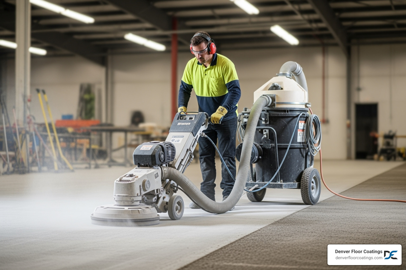 A professional using a large floor grinder with a dust collection system to prepare a concrete surface. - epoxy flooring for business A professional using a large floor grinder with a dust collection system to prepare a concrete surface. - epoxy flooring for business