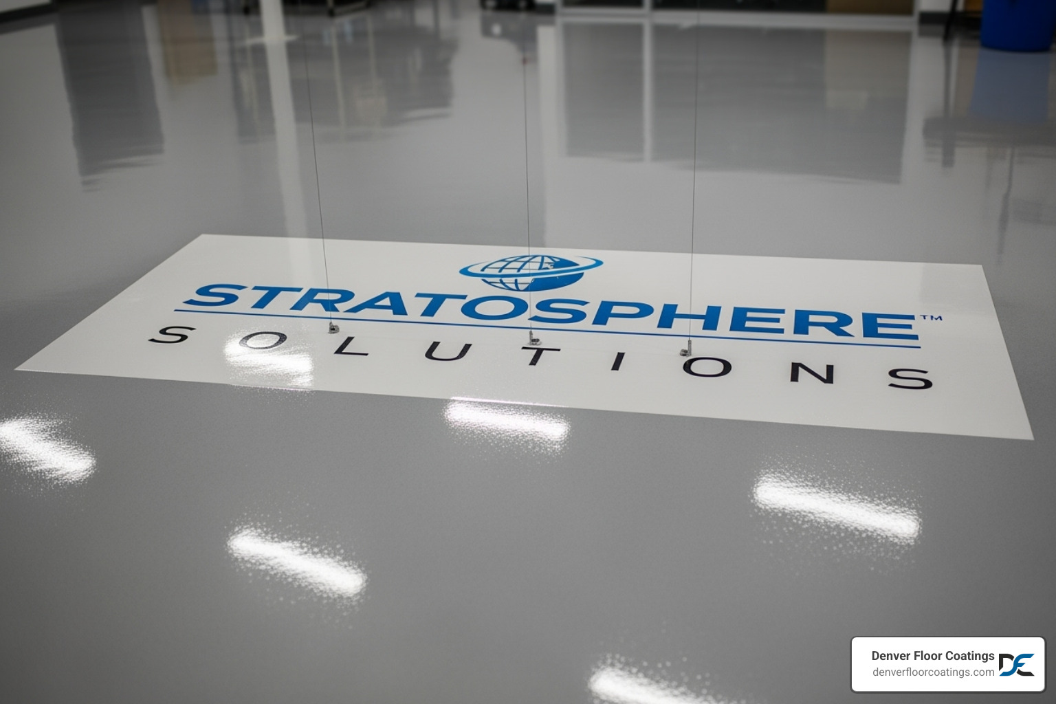 A commercial epoxy floor with a large, custom company logo seamlessly integrated into the surface. - epoxy flooring for business A commercial epoxy floor with a large, custom company logo seamlessly integrated into the surface. - epoxy flooring for business
