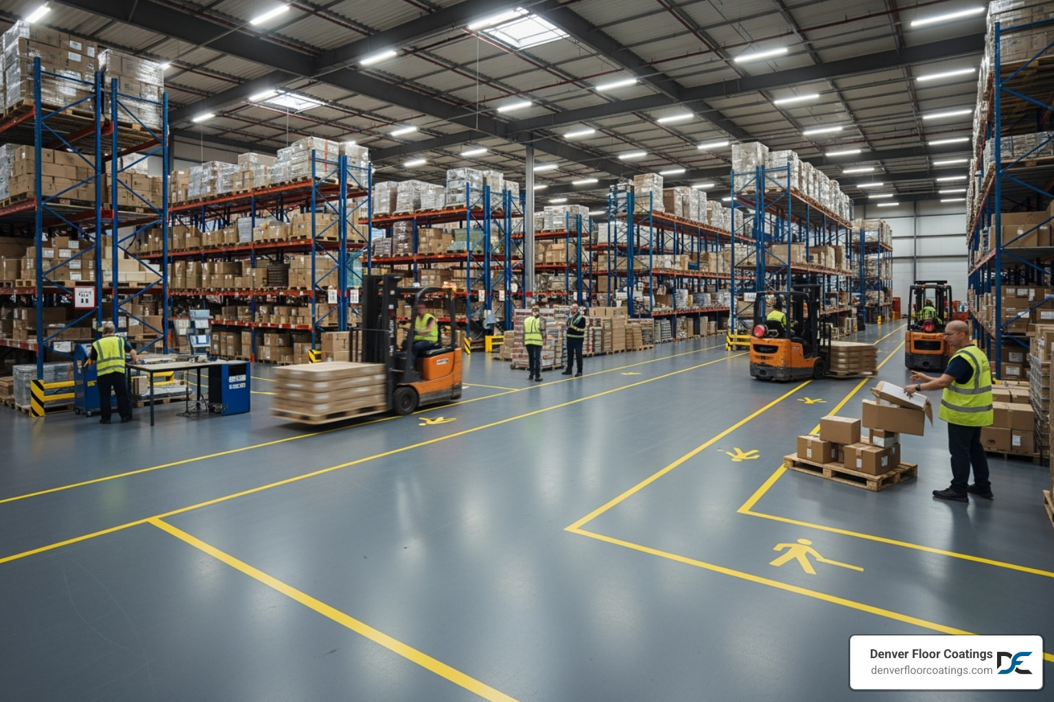 A busy warehouse with clearly marked epoxy floor safety lanes in yellow, contrasting with the gray main floor. - epoxy flooring for business A busy warehouse with clearly marked epoxy floor safety lanes in yellow, contrasting with the gray main floor. - epoxy flooring for business