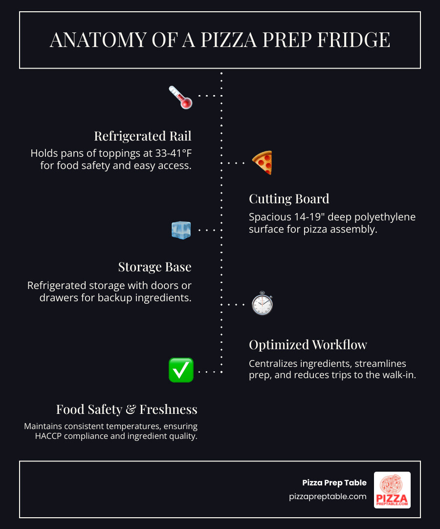 Detailed infographic showing the anatomy of a pizza prep fridge with labeled components: refrigerated ingredient rail with food pans at the top, polyethylene cutting board workspace in the middle, and refrigerated storage base with doors or drawers at the bottom, plus temperature ranges and key specifications - pizza prep fridge infographic infographic-line-5-steps-dark