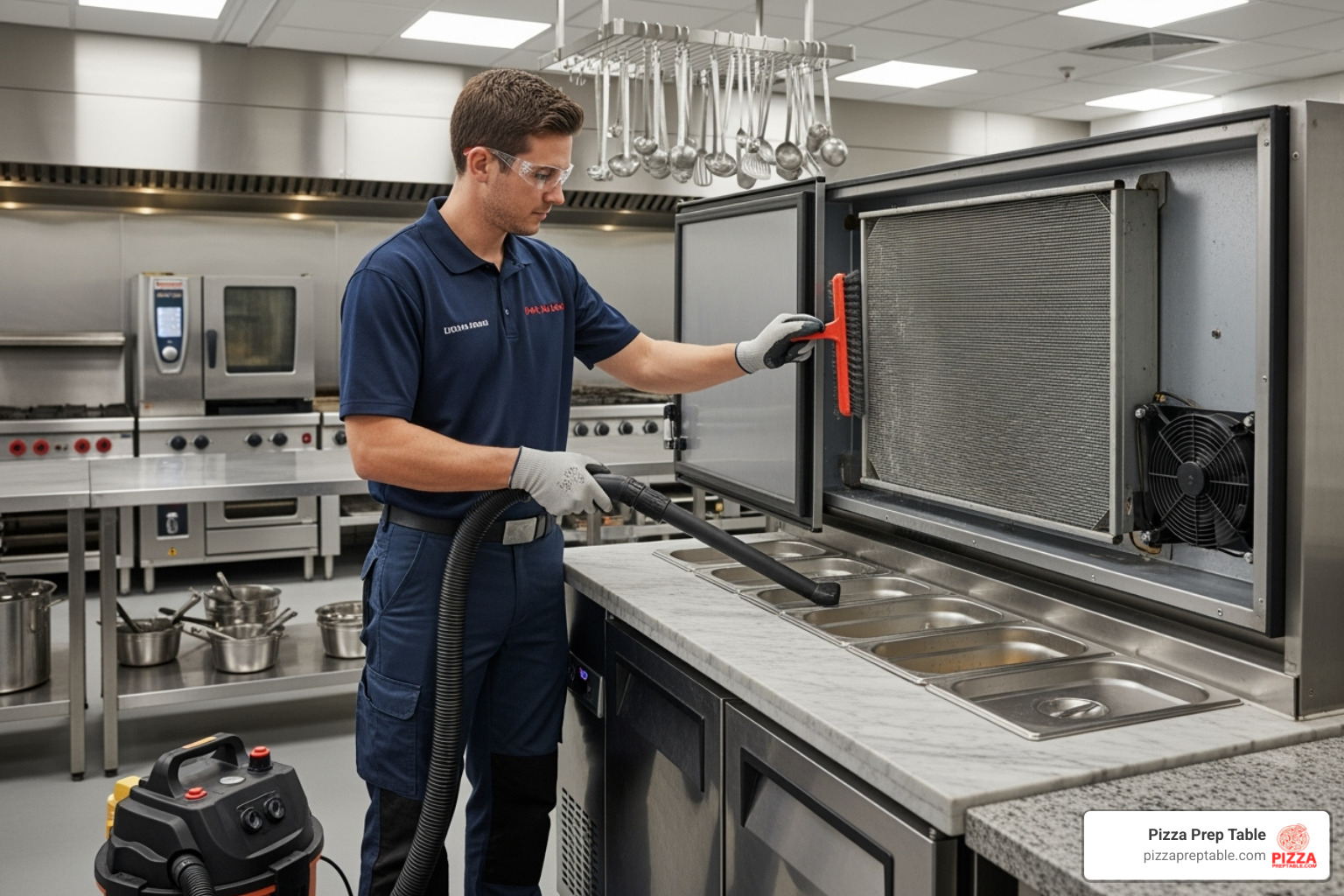 technician cleaning the condenser coil on a pizza prep fridge - pizza prep fridge