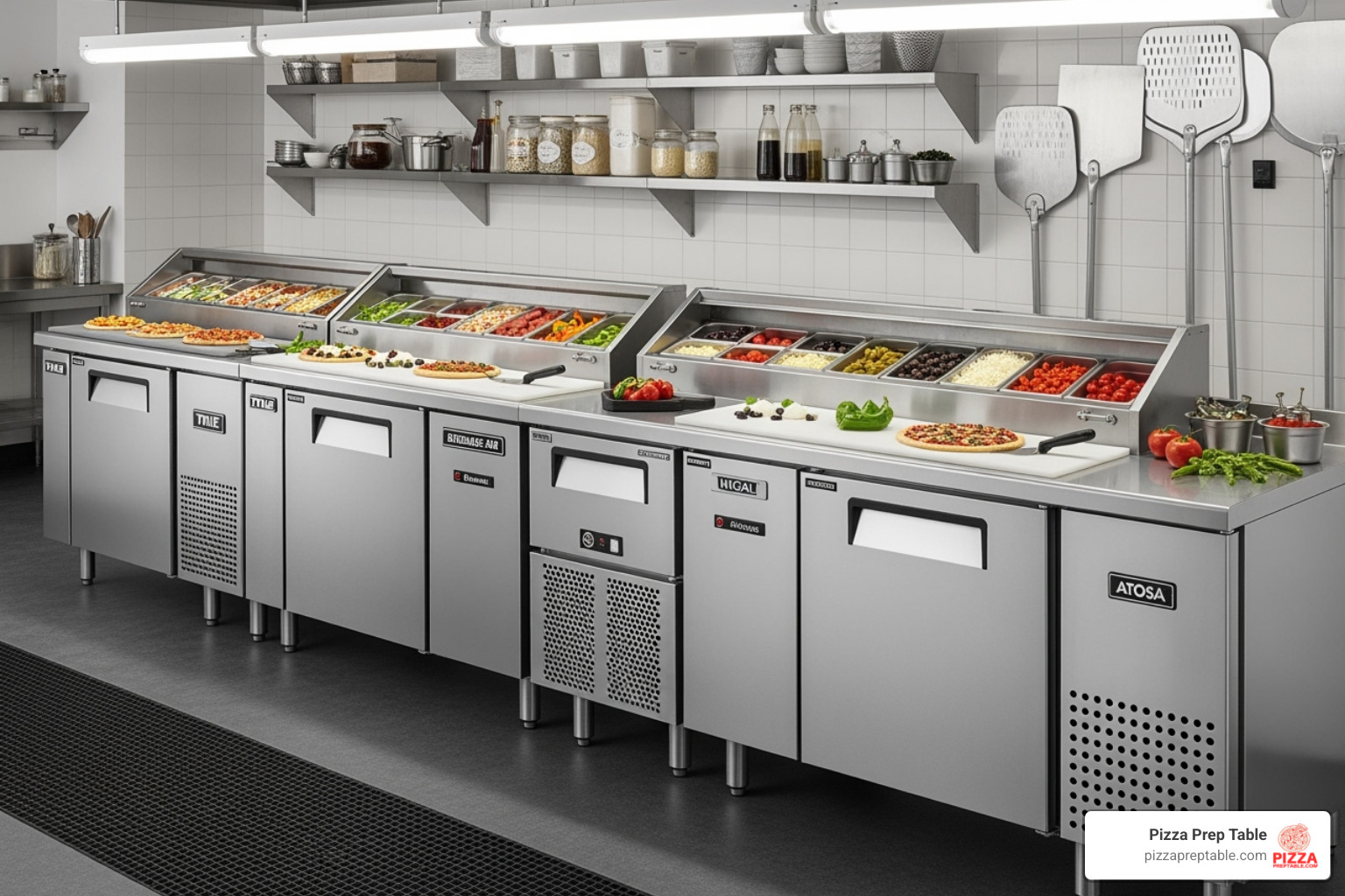 lineup of different pizza prep tables from various brands like True, Atosa, and Dukers - pizza prep fridge