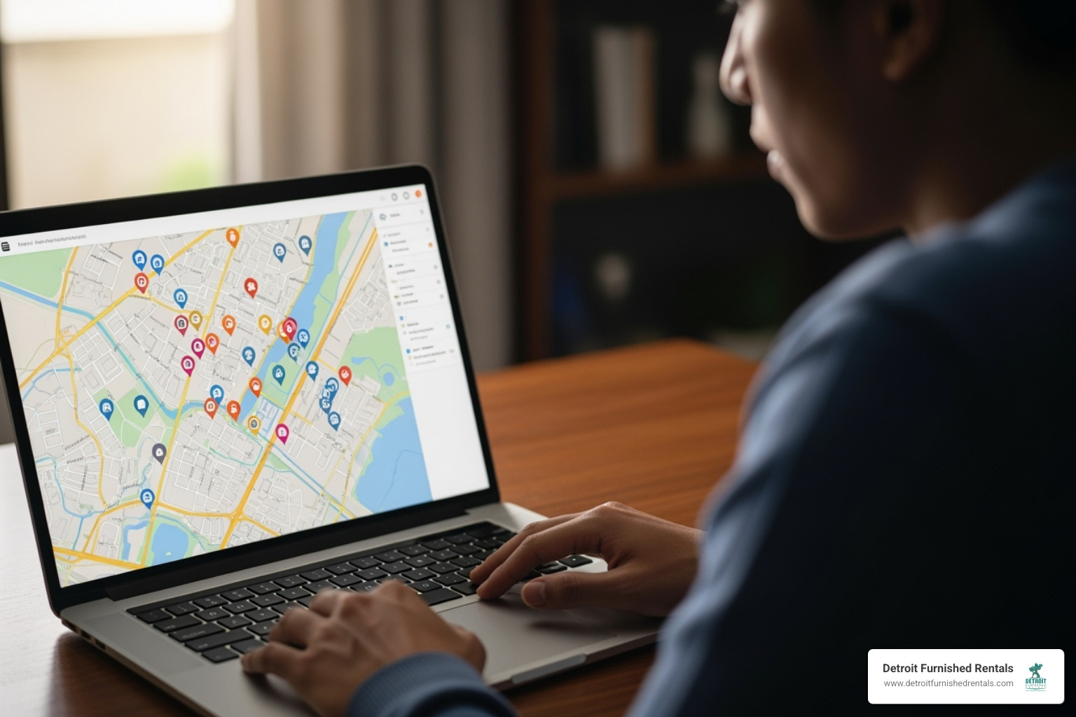 person on a laptop searching a map for housing options - corporate living near me