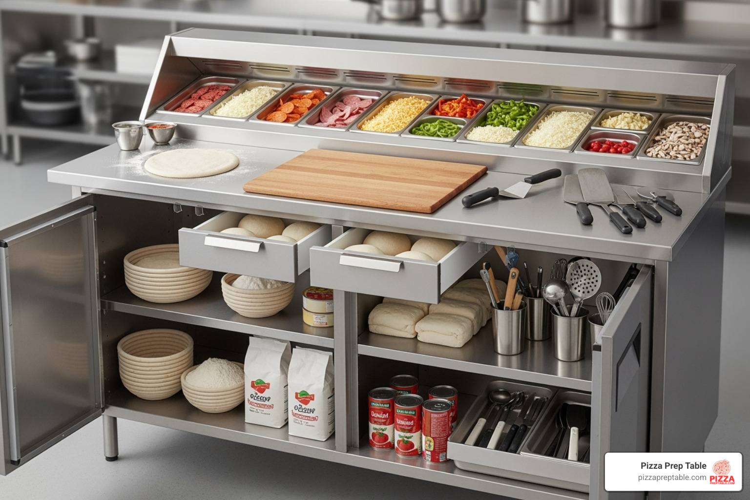 stainless steel pizza prep table with both drawers and doors open to show storage options - pizza prep fridge