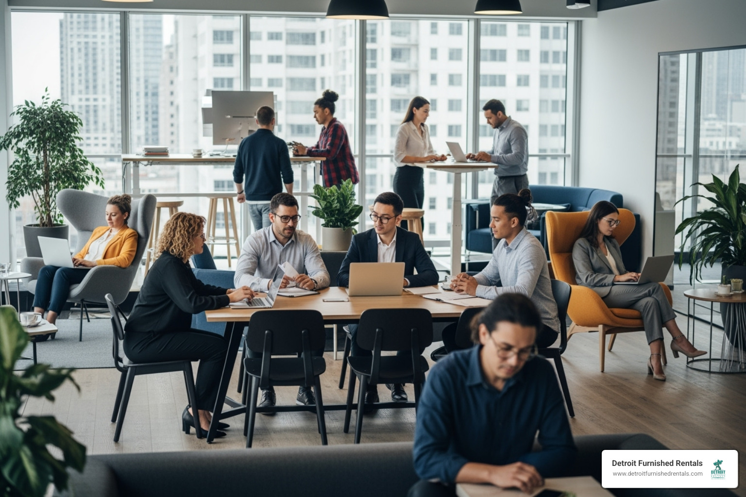 diverse group of professionals in a modern co-working lounge - corporate living near me