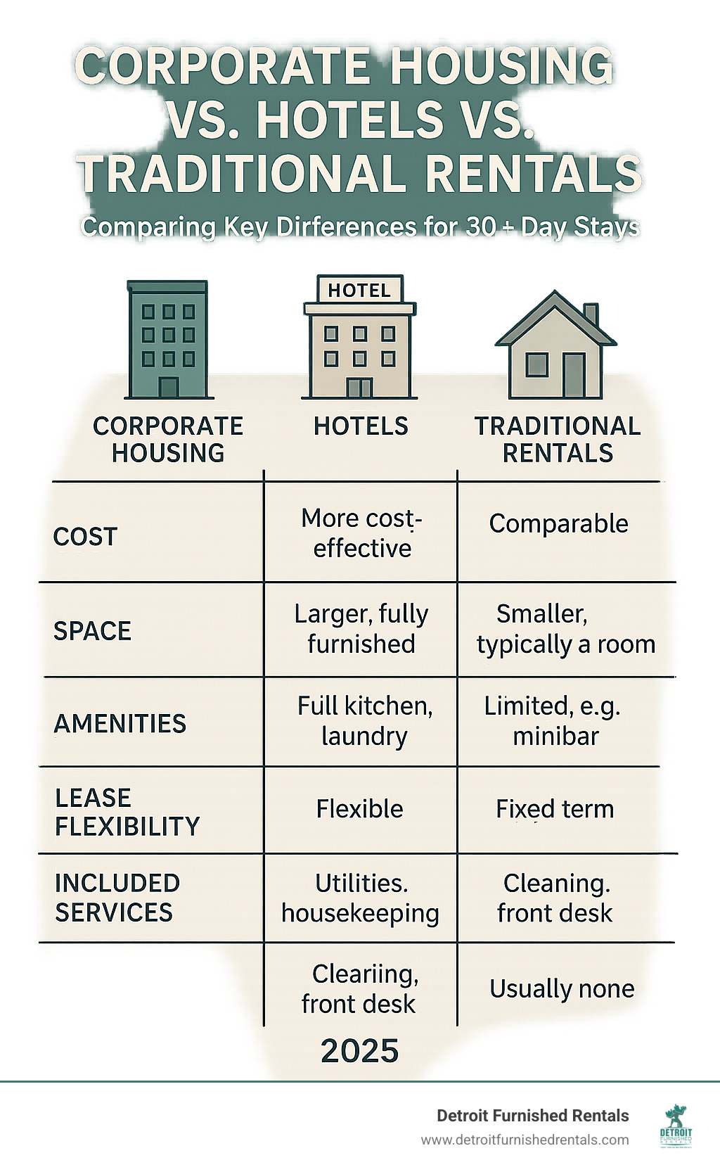Infographic showing comparison between corporate housing vs hotels vs traditional rentals, highlighting key differences in cost, space, amenities, lease flexibility, and included services for stays of 30+ days - corporate living near me infographic 