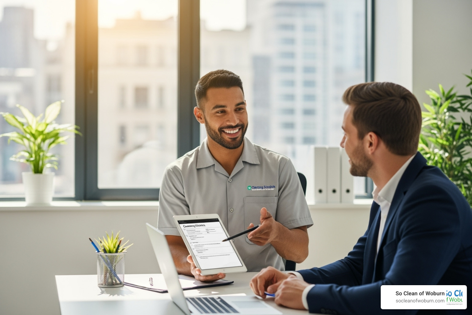 friendly cleaning professional speaking with a business manager - commercial building cleaning services near me friendly cleaning professional speaking with a business manager - commercial building cleaning services near me