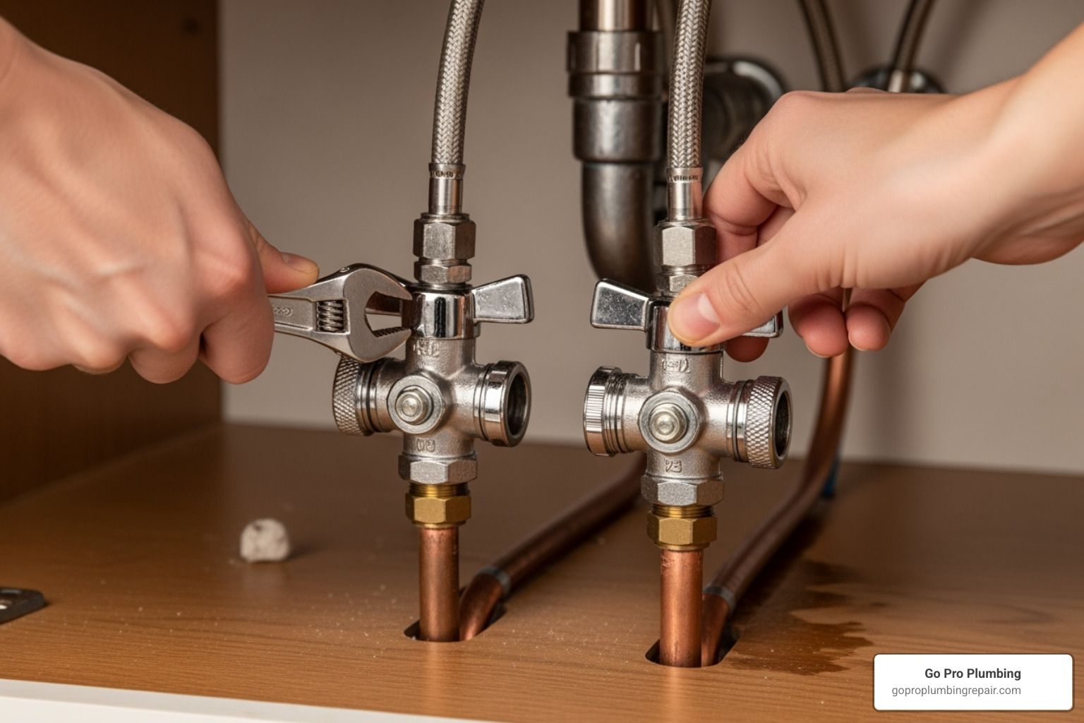Hands turning shutoff valves under a sink, illustrating the first step of faucet replacement - changing out a sink faucet