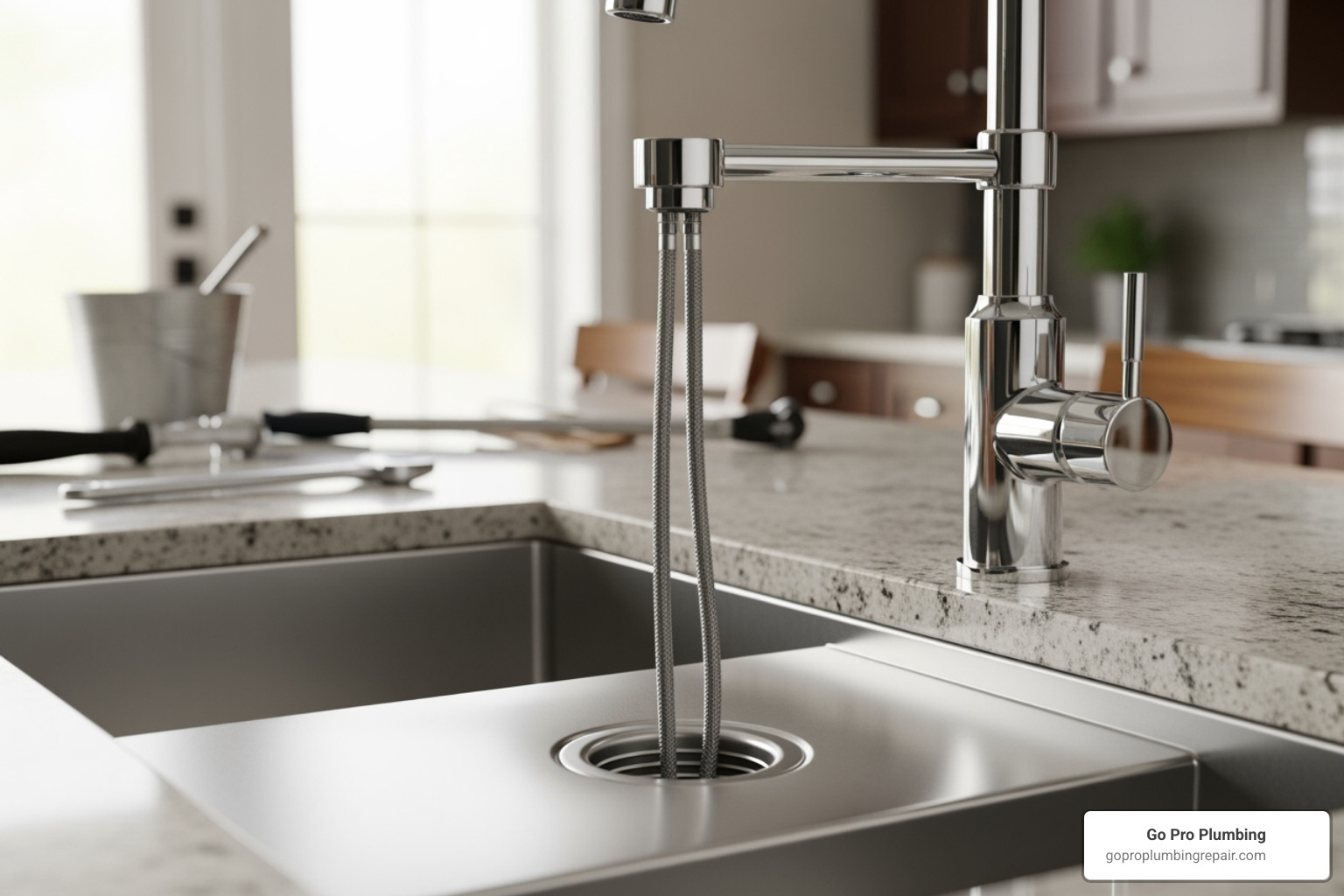 A new faucet being lowered into the sink's mounting holes, ready for installation - changing out a sink faucet