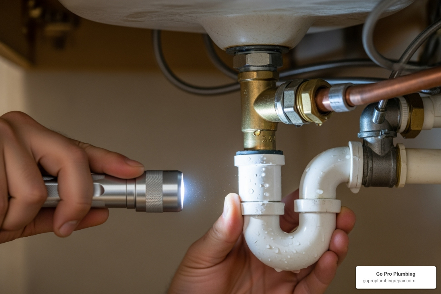 Checking under-sink connections with a flashlight for drips after faucet installation - changing out a sink faucet