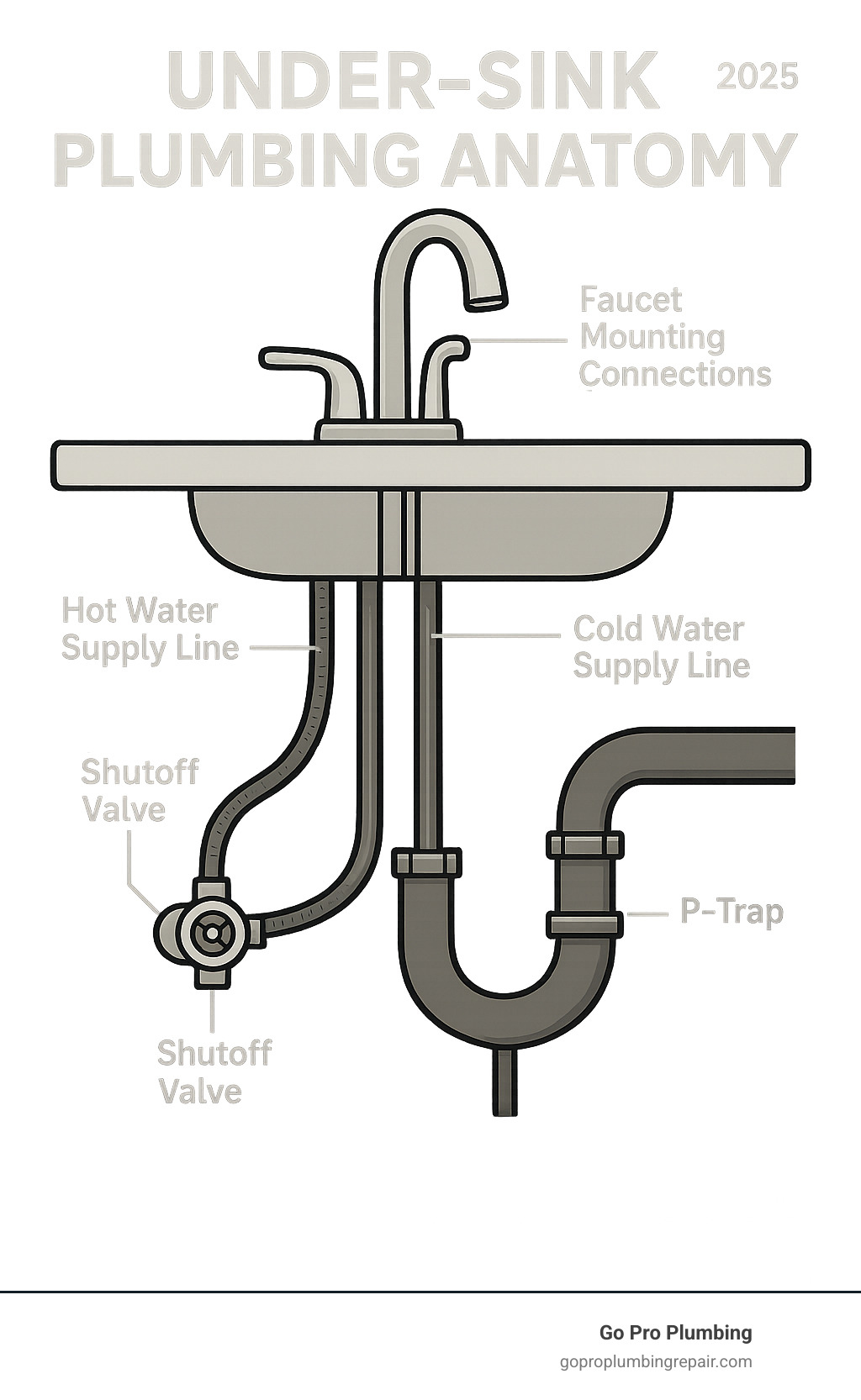 Infographic showing basic under-sink plumbing anatomy with labeled shutoff valves, hot and cold water supply lines, P-trap drain assembly, and faucet mounting connections - changing out a sink faucet infographic 