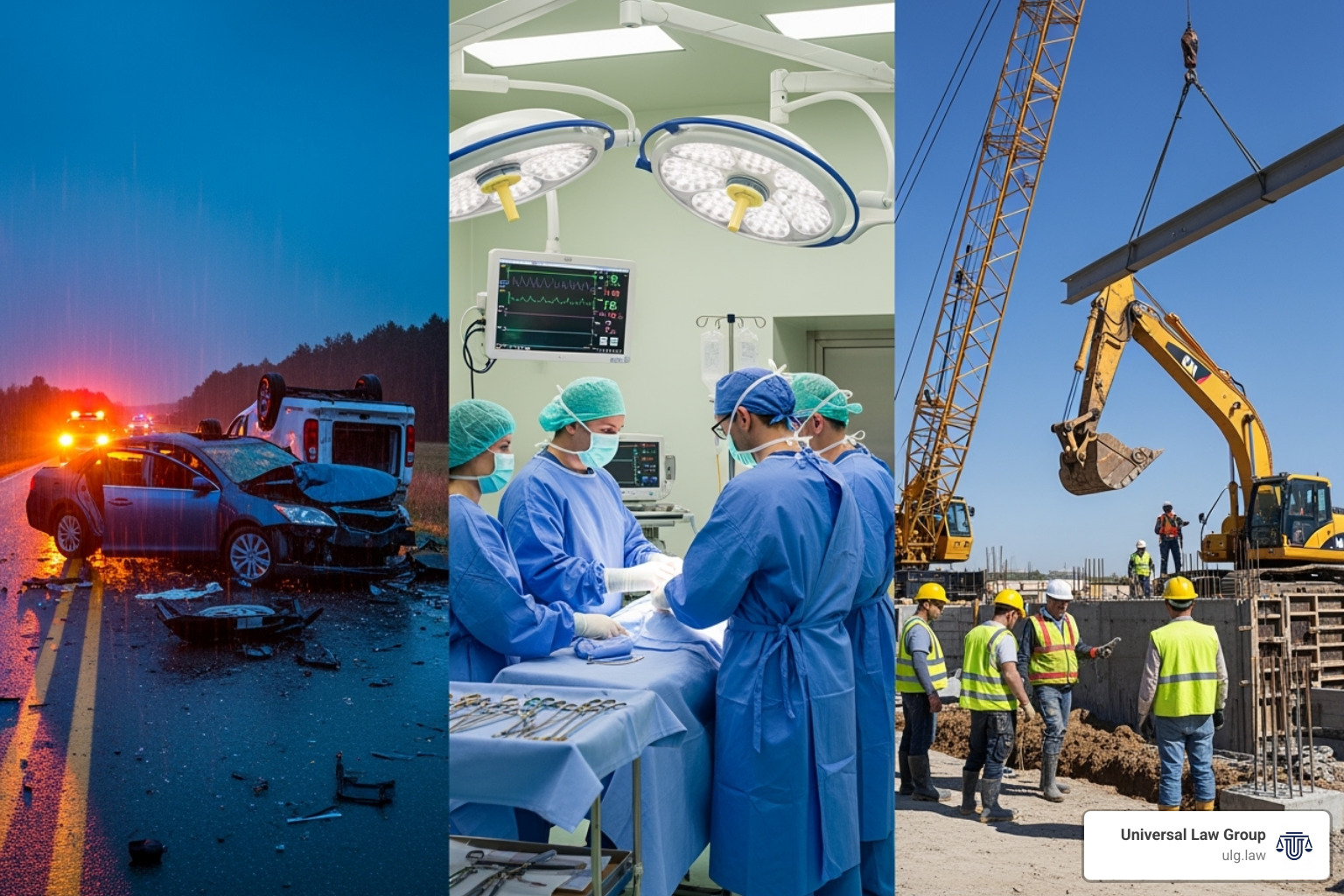 multi-panel image showing a car accident, a medical setting, and a construction site - unlawful death lawsuit