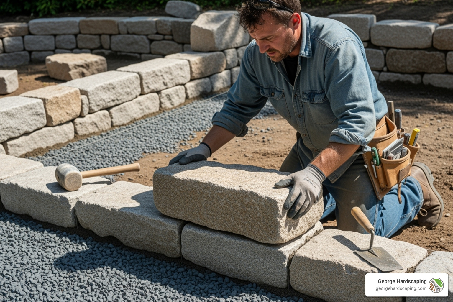 Rebuilding a stone retaining wall, showing a mason carefully placing a large stone onto a prepared base with visible gravel backfill behind it - how to repair a collapsed stone retaining wall