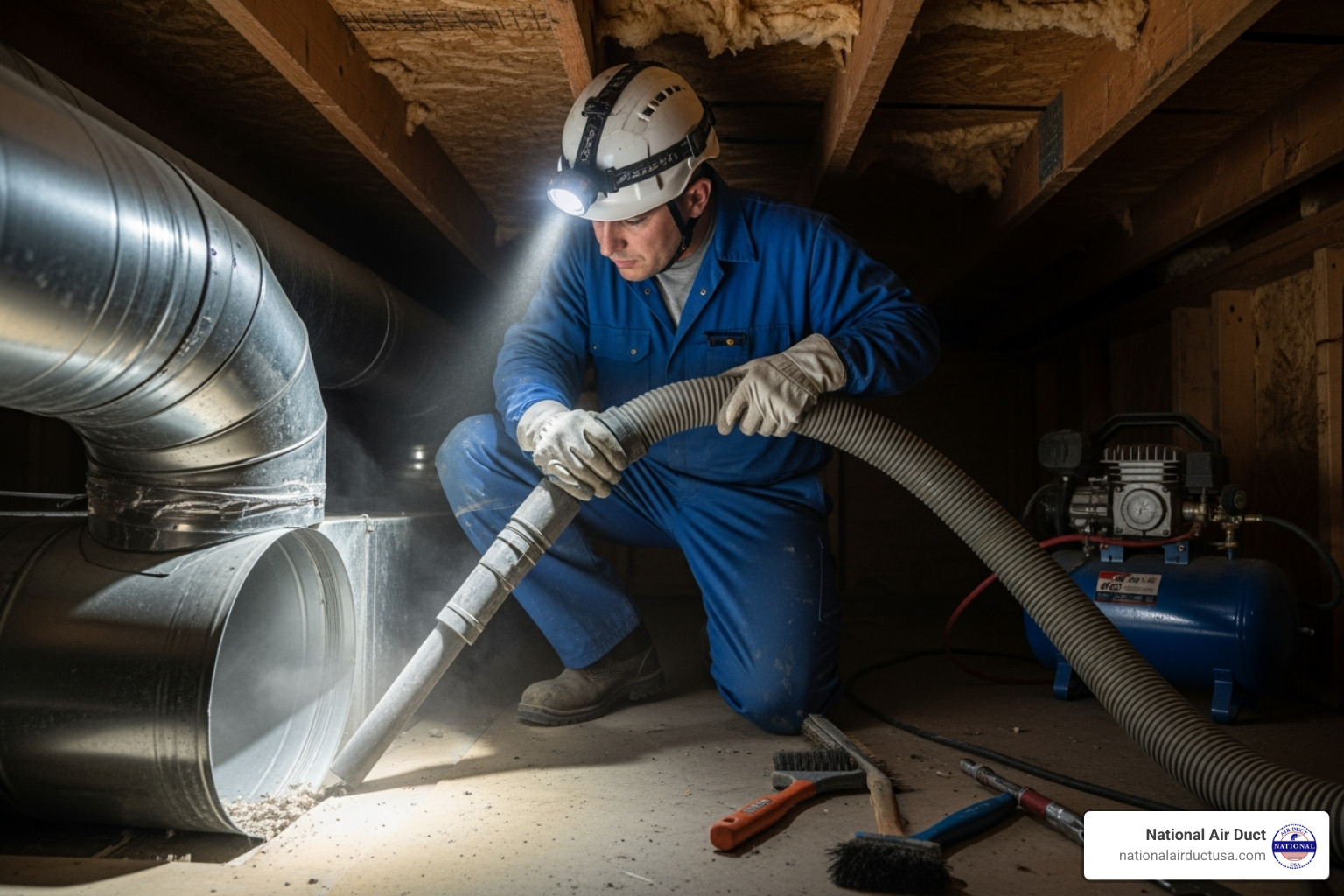 Technician using a high-powered vacuum hose on a home's ductwork, illustrating the professional cleaning process. - air duct cleaners near me