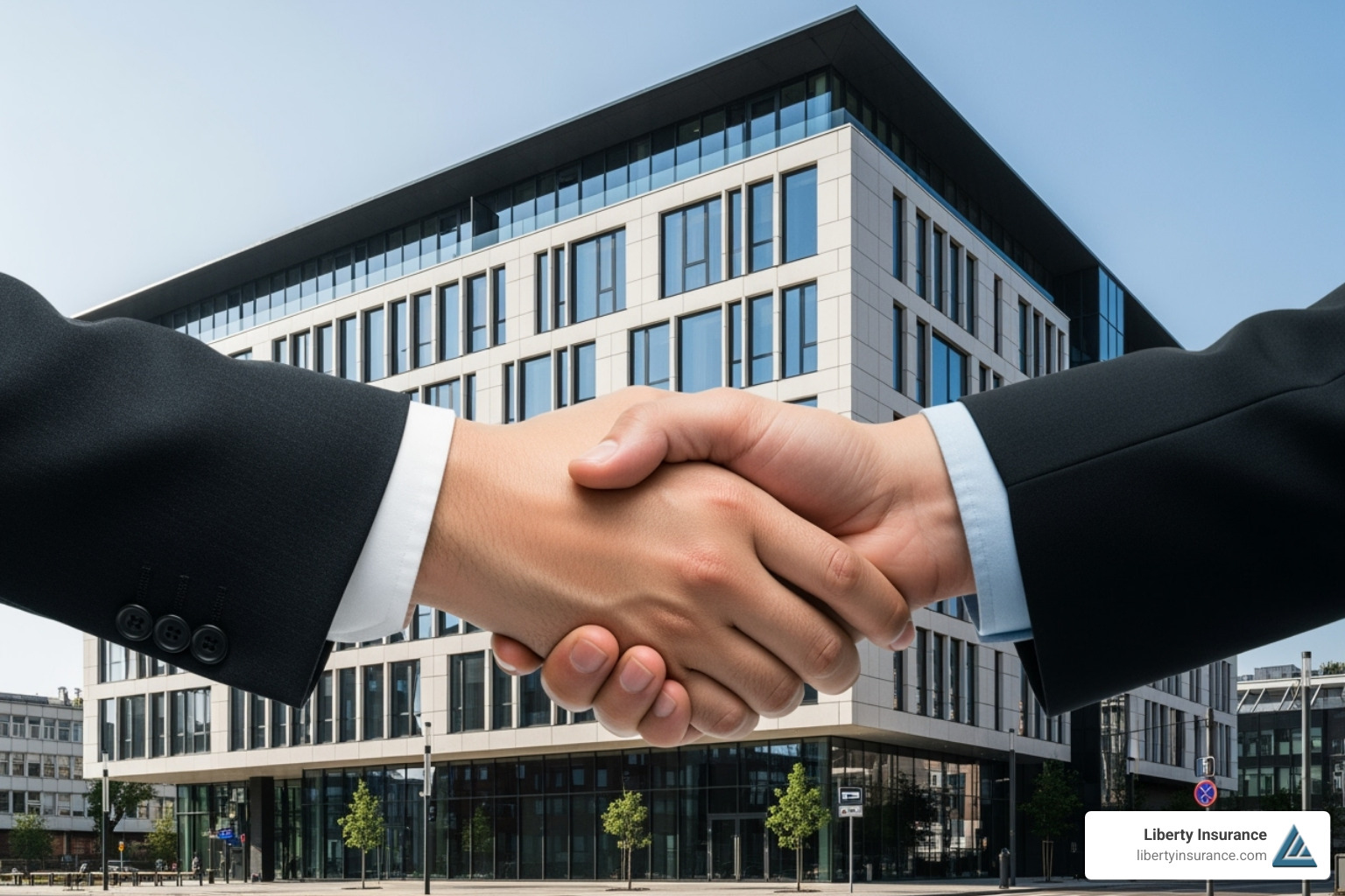 completed modern building with a handshake graphic superimposed - builders risk insurance companies