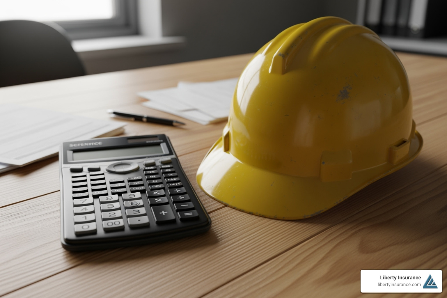calculator and a hard hat on a desk - builders risk insurance companies