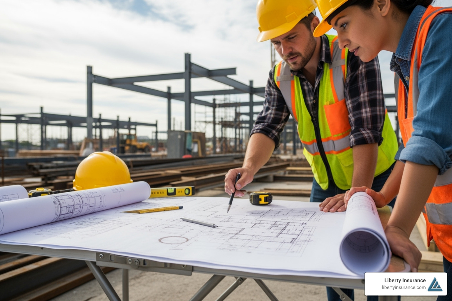 blueprint being reviewed on a construction site - builders risk insurance companies