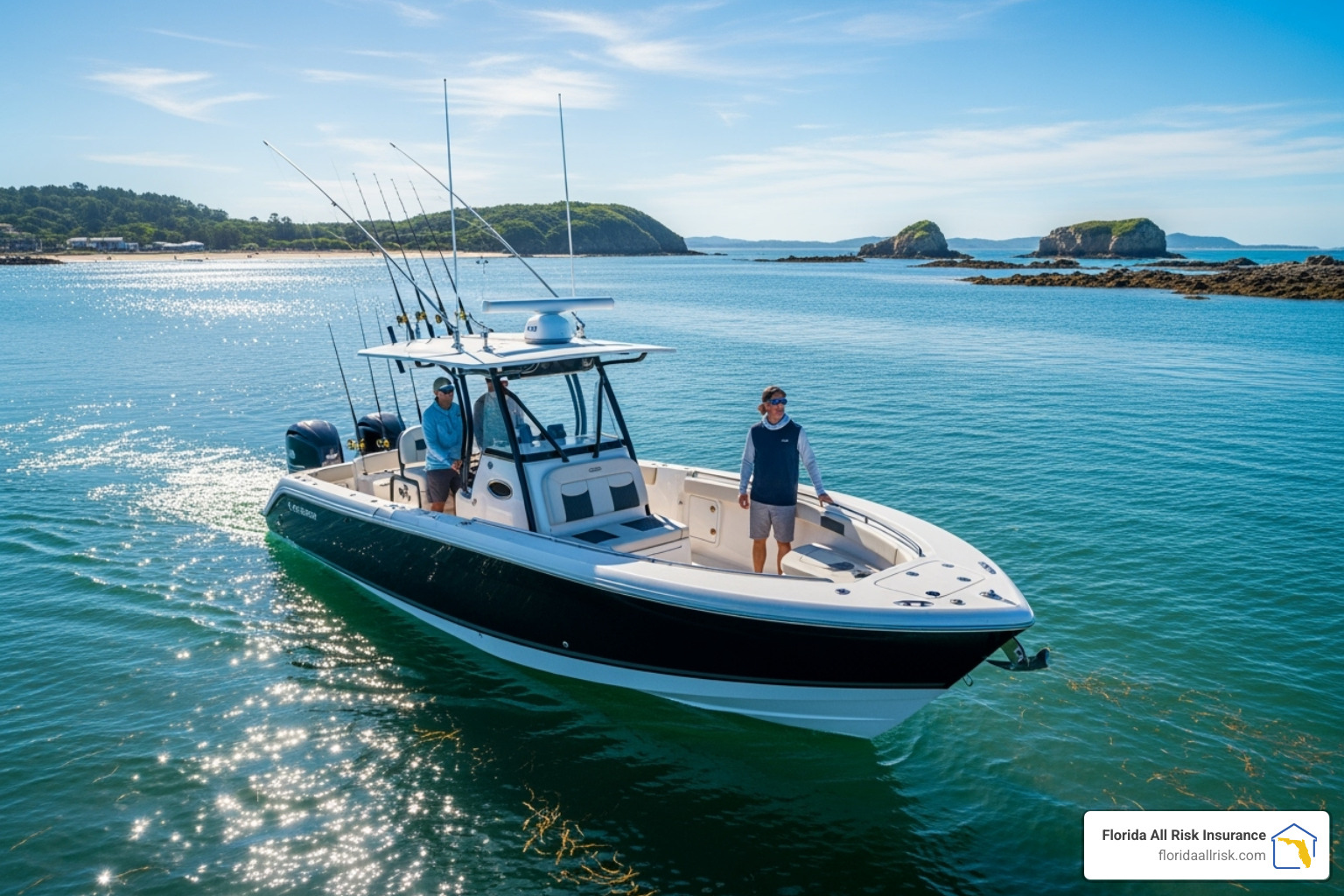 modern center-console fishing boat navigating a coastal waterway, highlighting a vessel that clearly needs more than homeowners coverage. - does homeowners insurance cover watercrafts