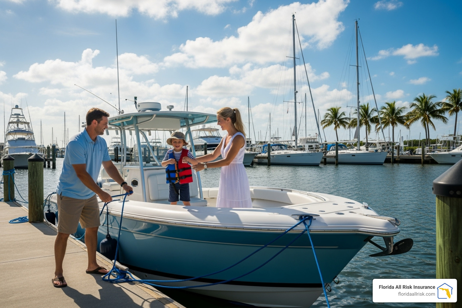 family preparing their boat at a Florida marina, emphasizing the importance of proper insurance before heading out. - does homeowners insurance cover watercrafts