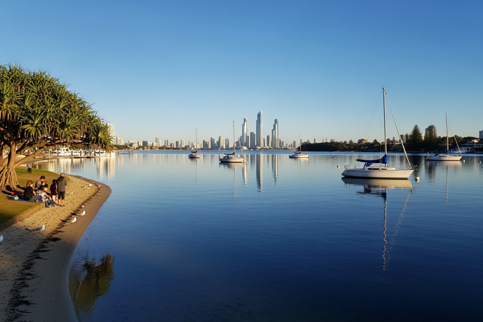 The Gold Coast Broadwater during a clear winter afternoon, showcasing the calm waters and clear skies - Sunset BBQ cruise